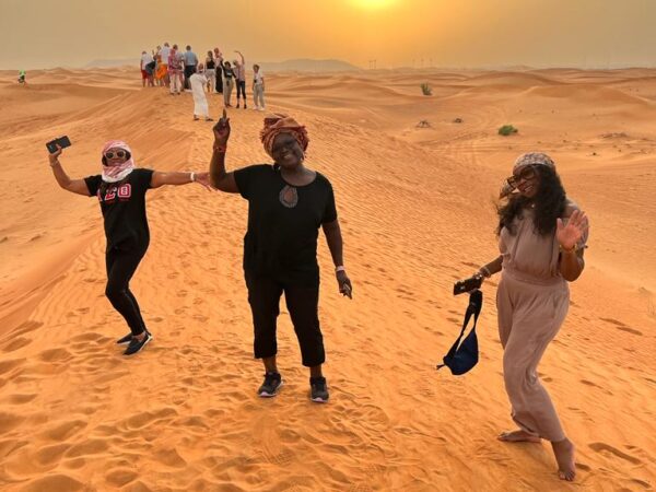 Desert safari. Sun low in the sky. Dubai travel